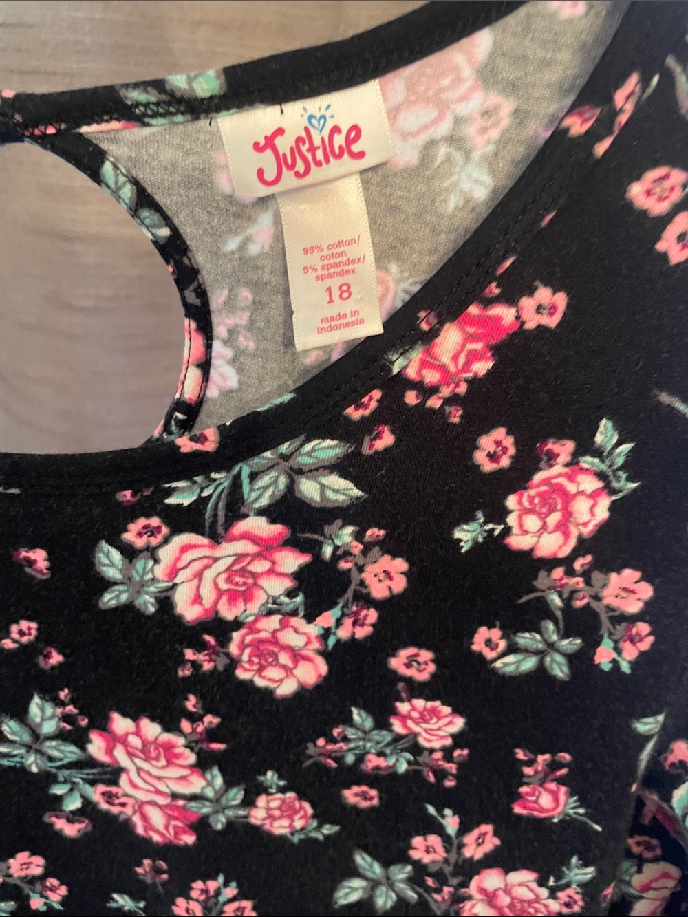 Justice Black Tank with Pink Floral and Mint Leaf Print